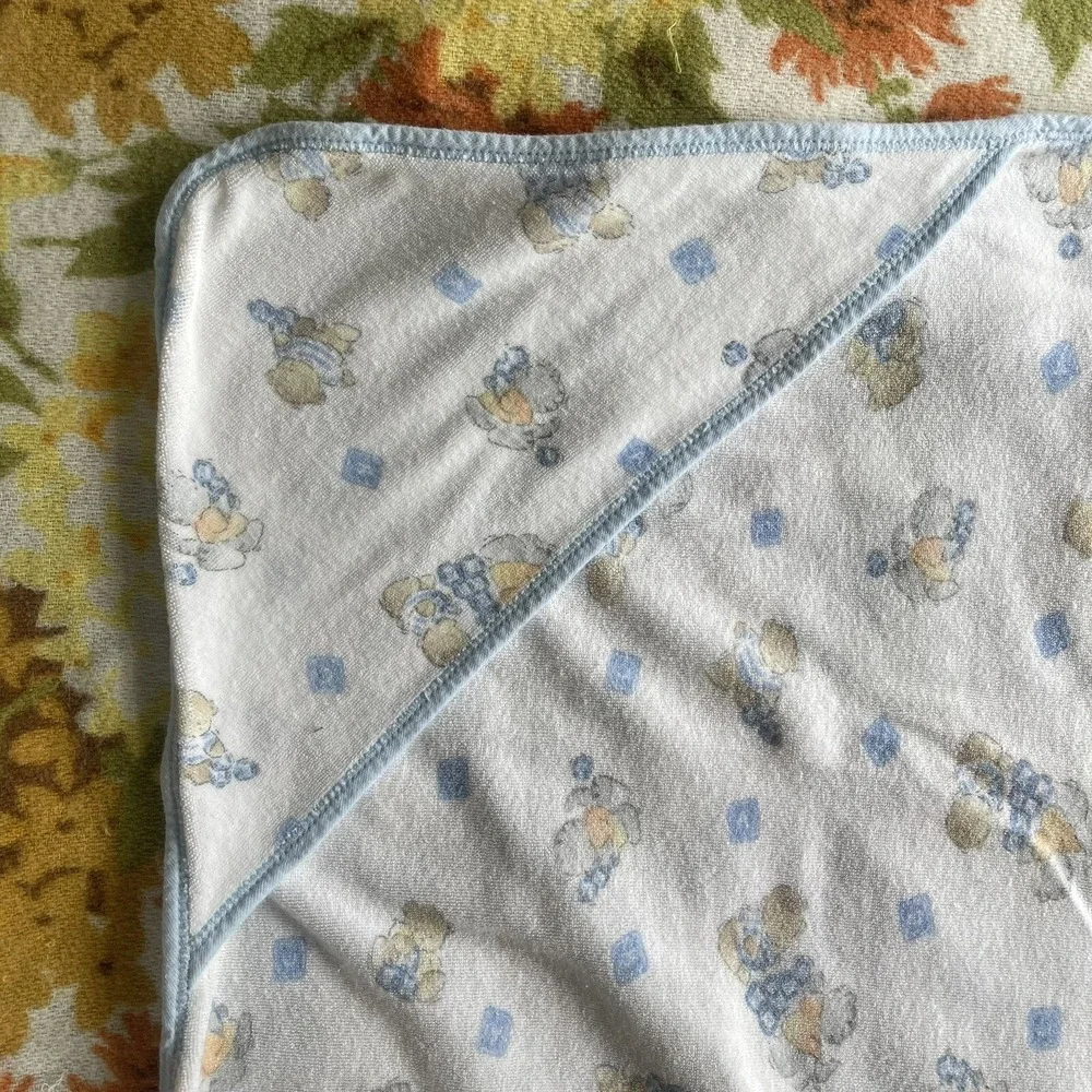 Vintage Rare Unisex Carters Cotton Hood Teddy Bear Kitten ABC Blanket Blue White